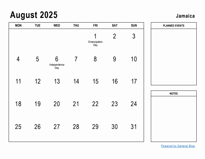 August 2025 Printable Monthly Calendar with Jamaica Holidays