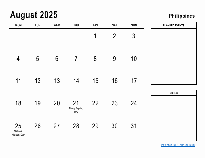 August 2025 Printable Monthly Calendar with Philippines Holidays