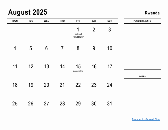 August 2025 Printable Monthly Calendar with Rwanda Holidays