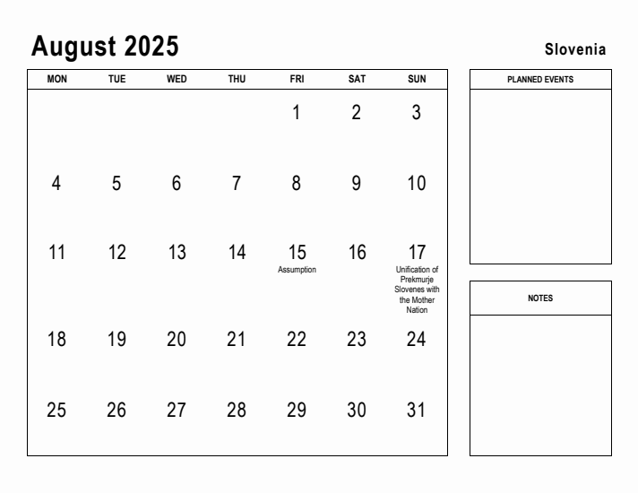 August 2025 Printable Monthly Calendar with Slovenia Holidays