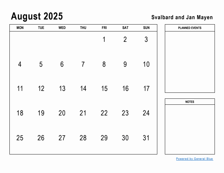 August 2025 Printable Monthly Calendar with Svalbard and Jan Mayen Holidays