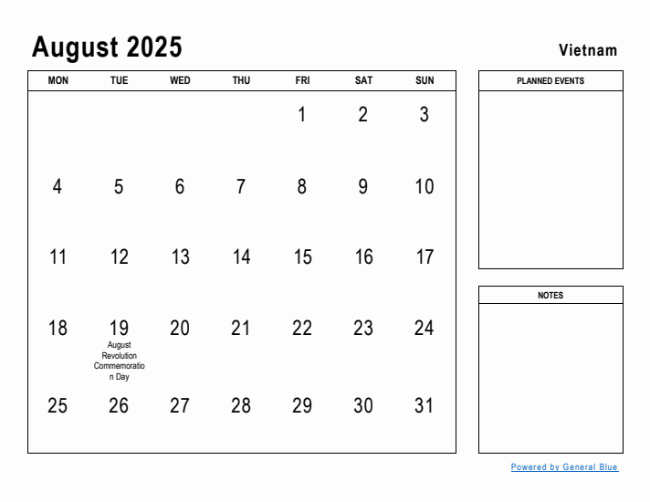 August 2025 Printable Monthly Calendar with Vietnam Holidays