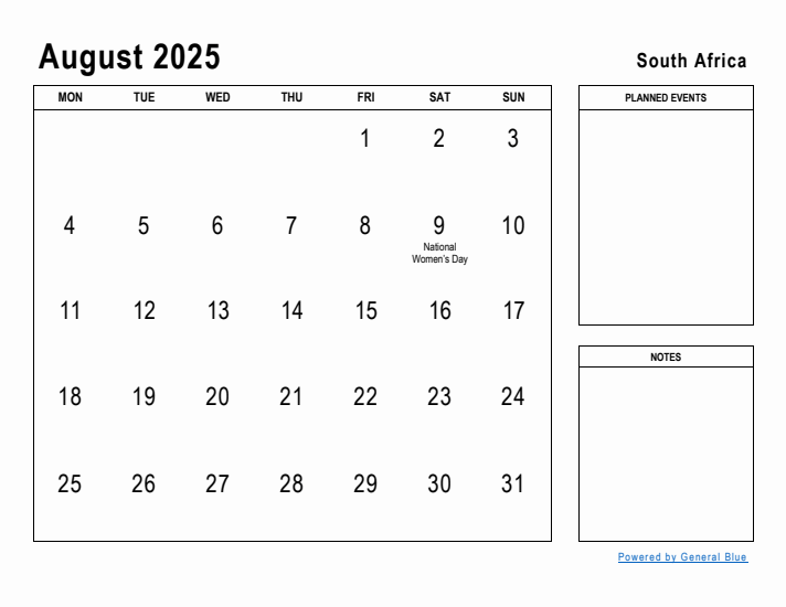 August 2025 Printable Monthly Calendar with South Africa Holidays