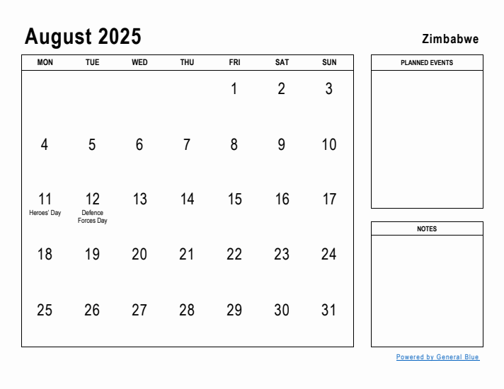 August 2025 Printable Monthly Calendar with Zimbabwe Holidays