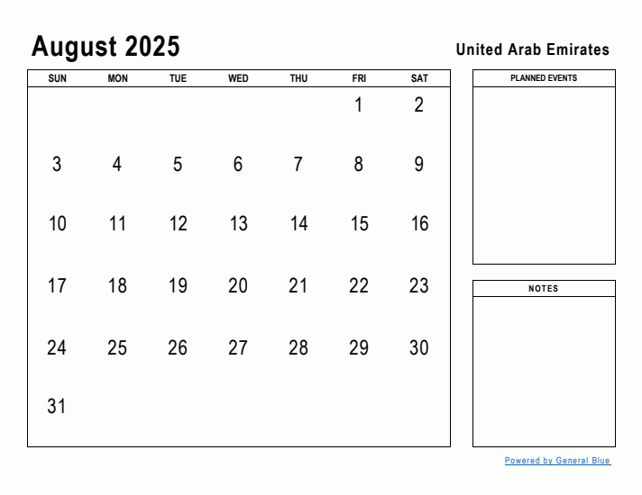 August 2025 Printable Monthly Calendar with United Arab Emirates Holidays