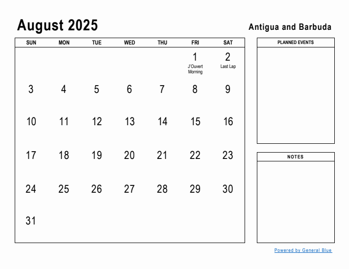 August 2025 Printable Monthly Calendar with Antigua and Barbuda Holidays