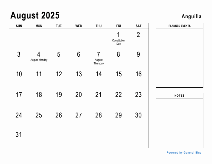 August 2025 Printable Monthly Calendar with Anguilla Holidays