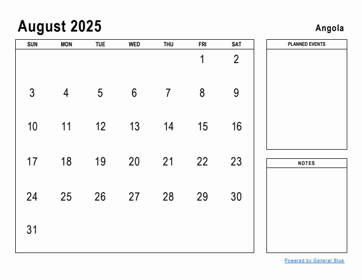 August 2025 Printable Monthly Calendar with Angola Holidays