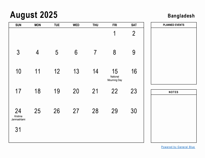 August 2025 Printable Monthly Calendar with Bangladesh Holidays