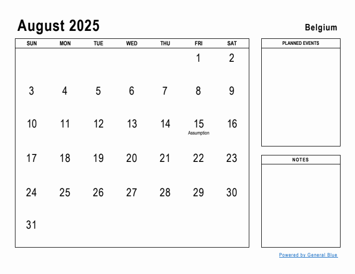 August 2025 Printable Monthly Calendar with Belgium Holidays