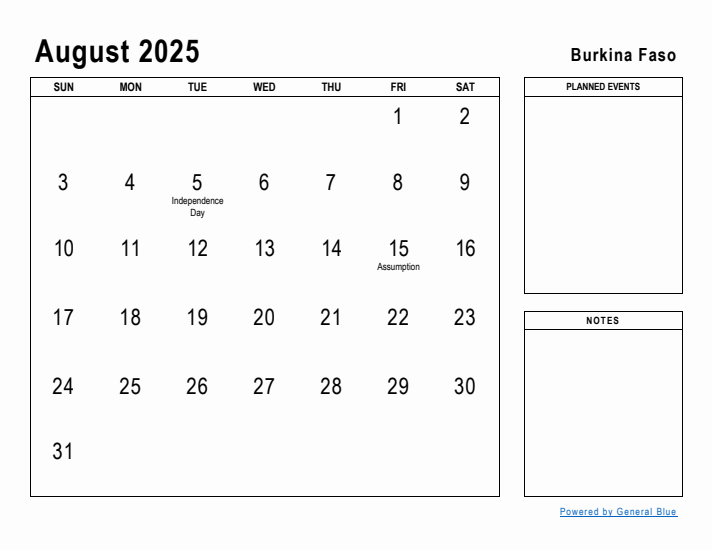 August 2025 Printable Monthly Calendar with Burkina Faso Holidays