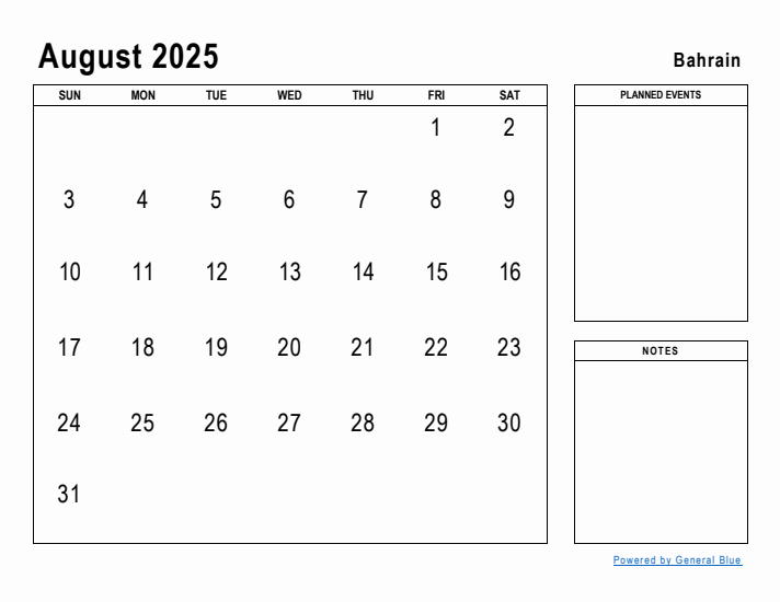 August 2025 Printable Monthly Calendar with Bahrain Holidays