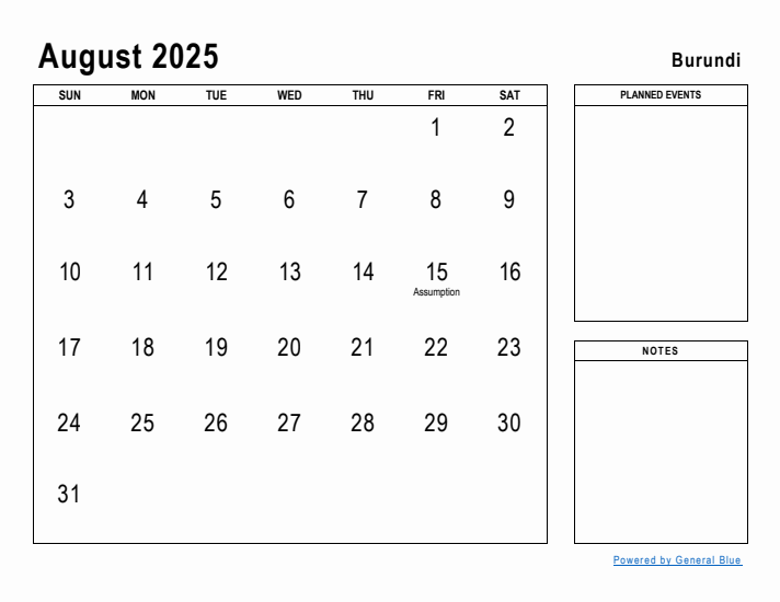 August 2025 Printable Monthly Calendar with Burundi Holidays