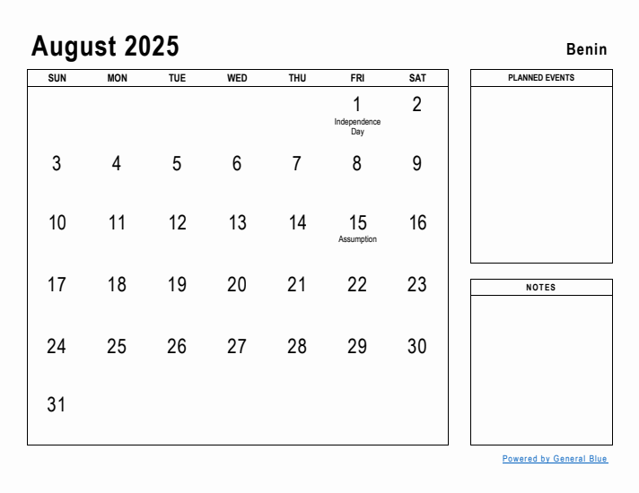 August 2025 Printable Monthly Calendar with Benin Holidays