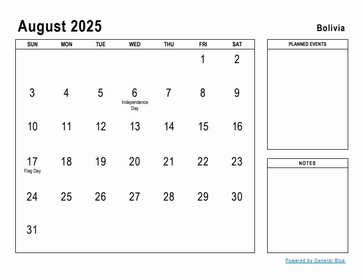 August 2025 Printable Monthly Calendar with Bolivia Holidays