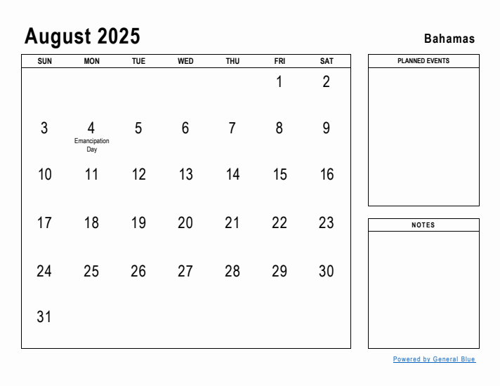 August 2025 Printable Monthly Calendar with Bahamas Holidays