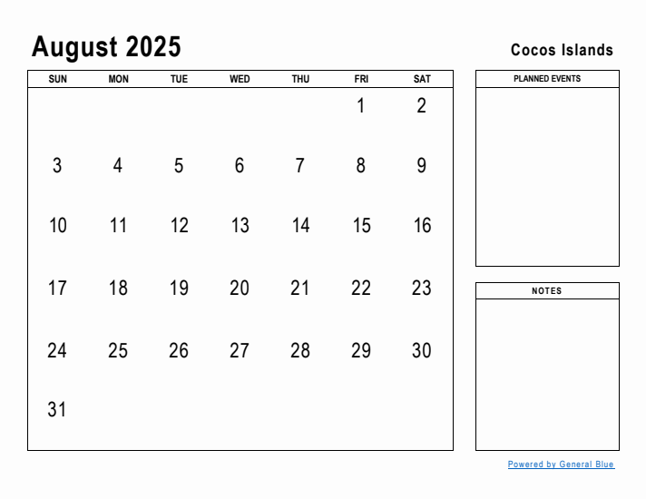 August 2025 Printable Monthly Calendar with Cocos Islands Holidays