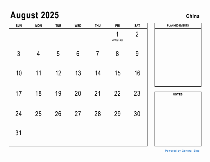 August 2025 Printable Monthly Calendar with China Holidays