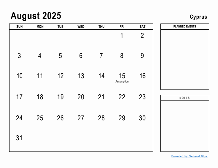 August 2025 Printable Monthly Calendar with Cyprus Holidays