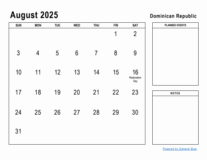 August 2025 Printable Monthly Calendar with Dominican Republic Holidays