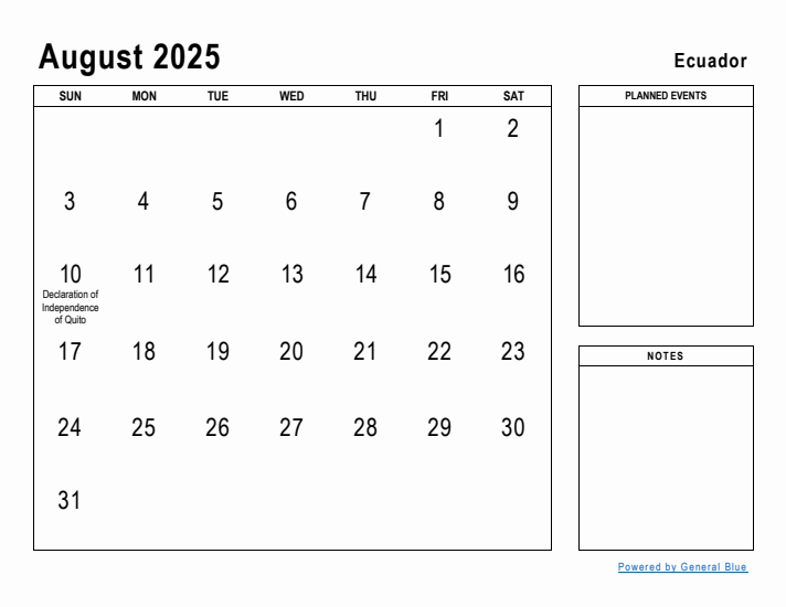 August 2025 Printable Monthly Calendar with Ecuador Holidays