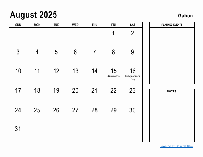 August 2025 Printable Monthly Calendar with Gabon Holidays