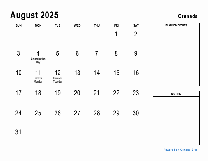 August 2025 Printable Monthly Calendar with Grenada Holidays