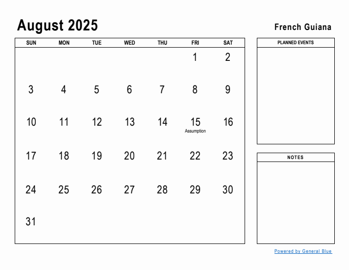 August 2025 Printable Monthly Calendar with French Guiana Holidays