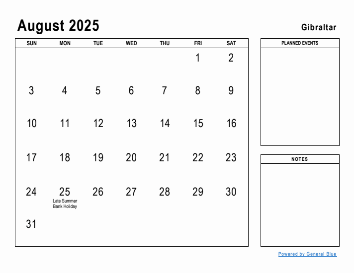 August 2025 Printable Monthly Calendar with Gibraltar Holidays