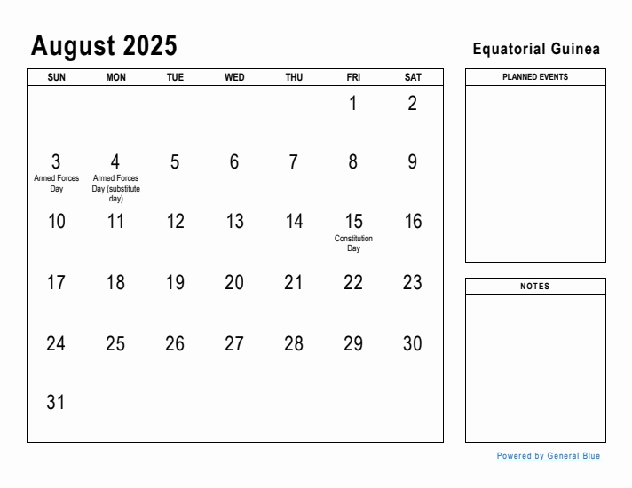 August 2025 Printable Monthly Calendar with Equatorial Guinea Holidays