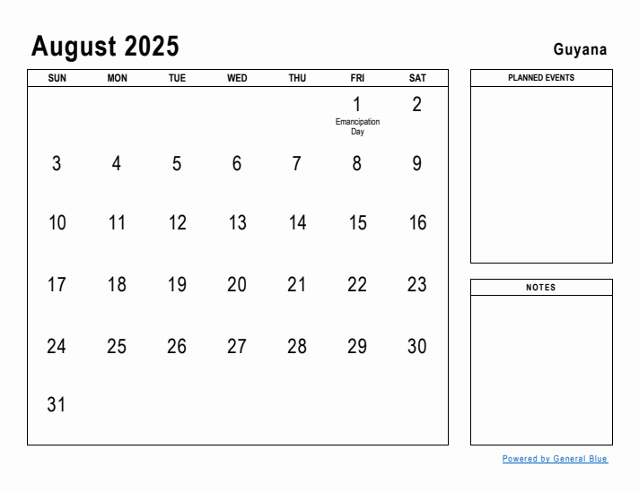 August 2025 Printable Monthly Calendar with Guyana Holidays