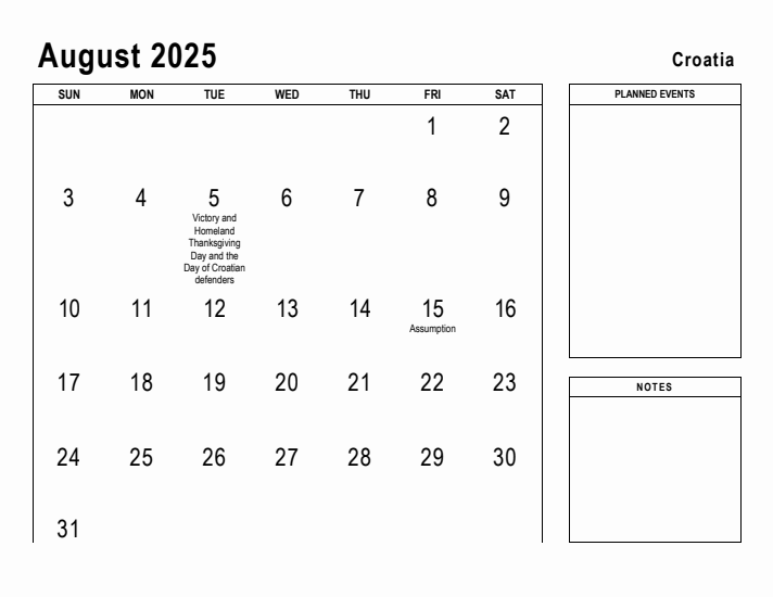 August 2025 Printable Monthly Calendar with Croatia Holidays