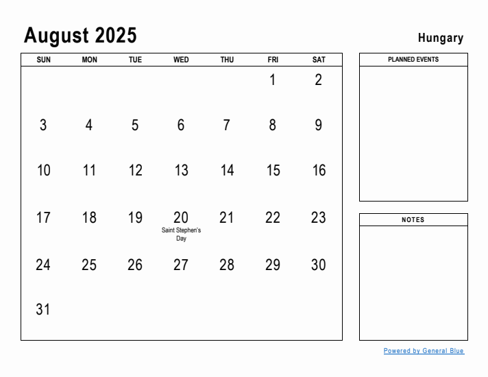 August 2025 Printable Monthly Calendar with Hungary Holidays