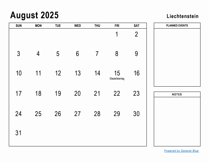 August 2025 Printable Monthly Calendar with Liechtenstein Holidays