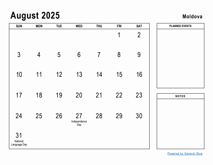 August 2025 Printable Monthly Calendar with Moldova Holidays