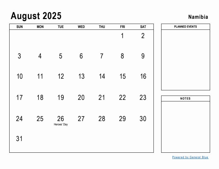 August 2025 Printable Monthly Calendar with Namibia Holidays