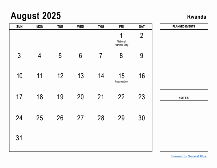 August 2025 Printable Monthly Calendar with Rwanda Holidays