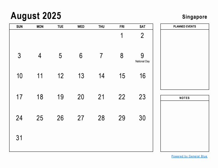 August 2025 Printable Monthly Calendar with Singapore Holidays