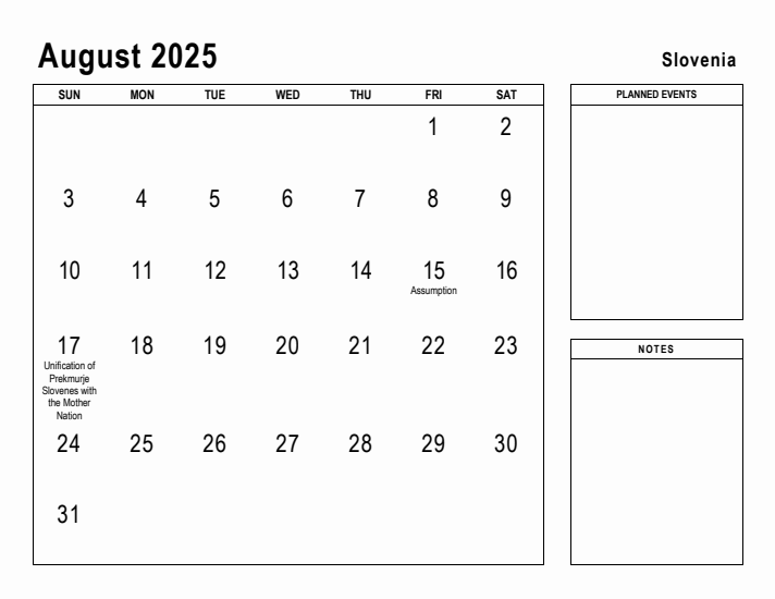 August 2025 Printable Monthly Calendar with Slovenia Holidays