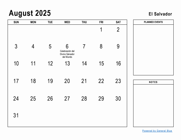 August 2025 Printable Monthly Calendar with El Salvador Holidays