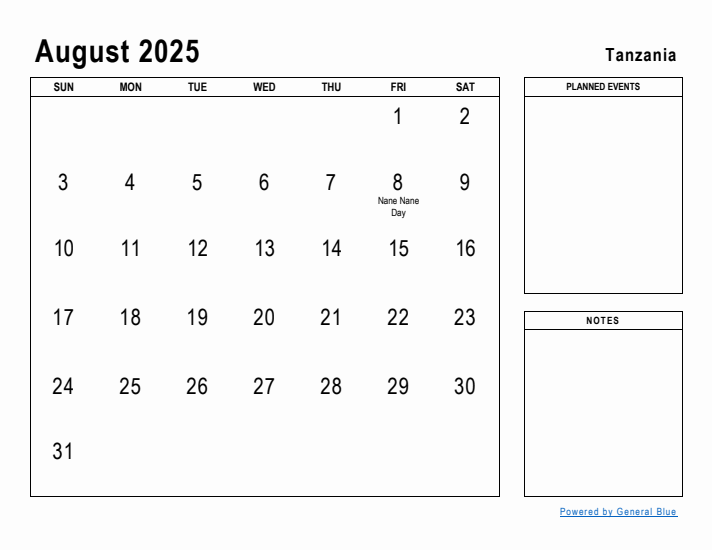 August 2025 Printable Monthly Calendar with Tanzania Holidays