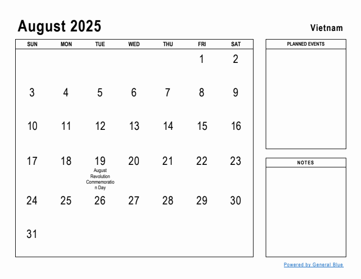 August 2025 Printable Monthly Calendar with Vietnam Holidays