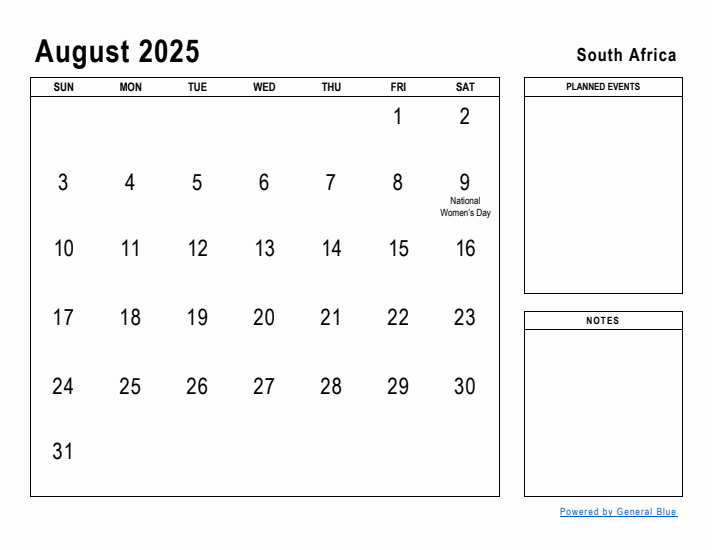 August 2025 Printable Monthly Calendar with South Africa Holidays