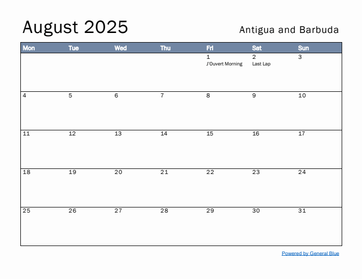 August 2025 Simple Monthly Calendar for Antigua and Barbuda