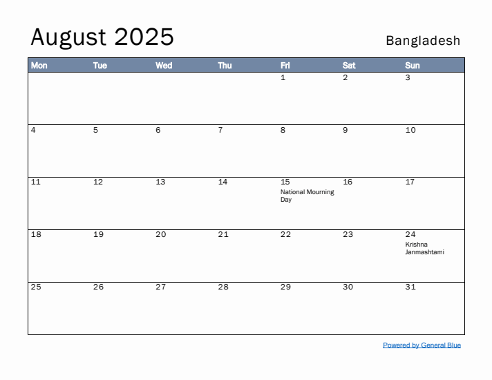 August 2025 Simple Monthly Calendar for Bangladesh