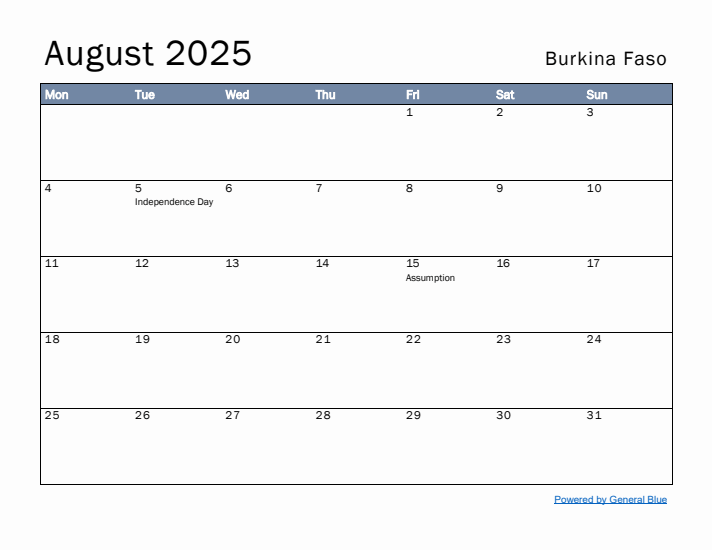 August 2025 Simple Monthly Calendar for Burkina Faso