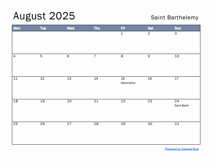 August 2025 Simple Monthly Calendar for Saint Barthelemy