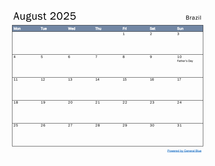 August 2025 Simple Monthly Calendar for Brazil