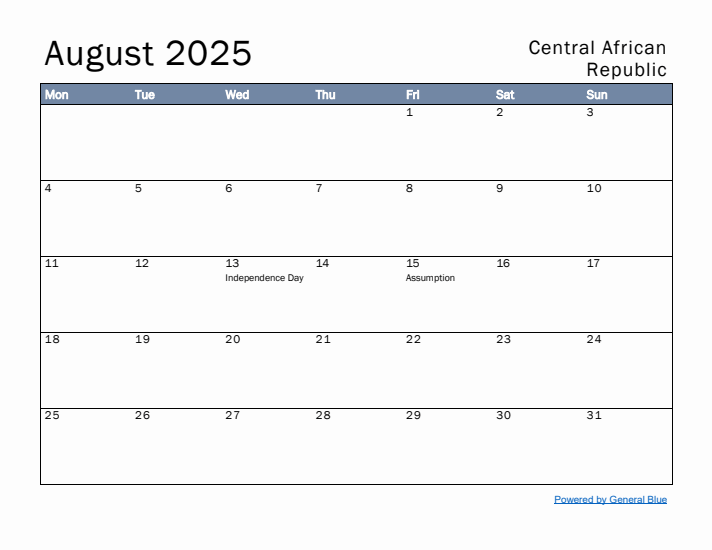 August 2025 Simple Monthly Calendar for Central African Republic