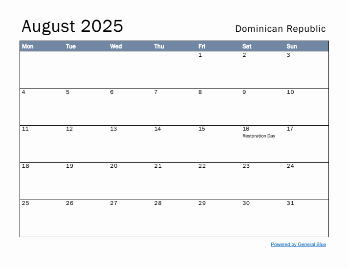 August 2025 Simple Monthly Calendar for Dominican Republic